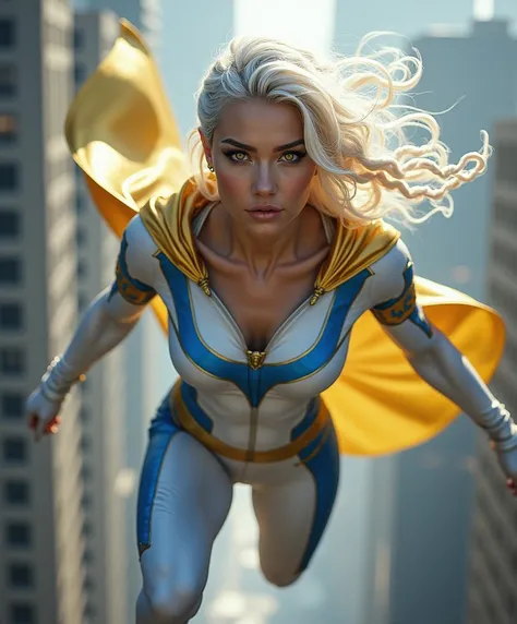 Muscular female superhero with braided white hair, pale yellow eyes, thick legs. Superhero wearing white Superhero suit with blue patterns, accented with gold patterns and has gold cape. Superhero flying through city