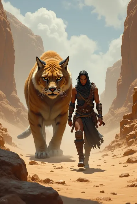 Coqok walks with a huge cat / who is very brave and very angry and walks in the desert