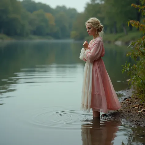 une jeune femme blonde aux yeux bleus qui regarde son reflet dans leau agenouiller au bord dune riviere. Elle porte une robe rose et blanche. Elle est choquée et surprise par son apparence, elle tient sa tete dans ses mains.De Haut En Bas, 