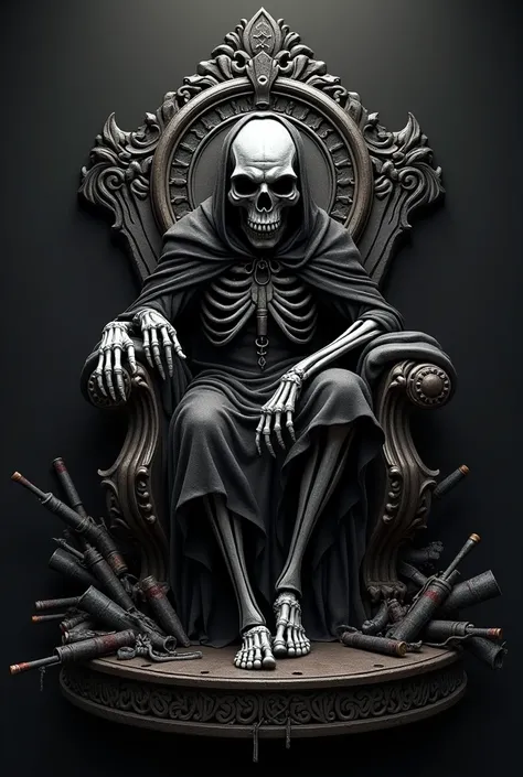 Make a logo for game login
Skull sitting on the throne surrounded by weapons and ammunition
With death clothes