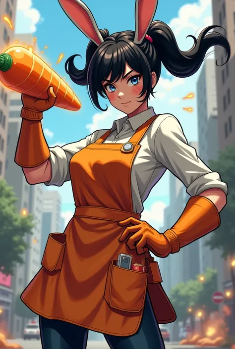 female superhero wearing an apron, , uses a carrot-shaped bomb weapon, has rabbit powers,Her hair is black and tied in two, her apron has pockets 