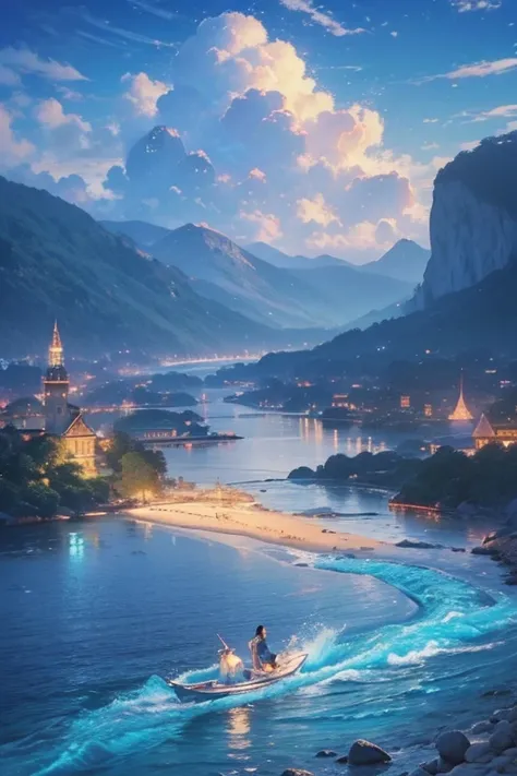 (magical pretty ヌル blue stream overlay scene), ( floating island), (cloud),   soft writing , Clean Background, Beautiful Nuru scenery, masterpiece,   High Quality ,   beautiful graphics,   high detail,by Thomas Kinkade,   Art Station  ,  Sharp Focus , Insp...