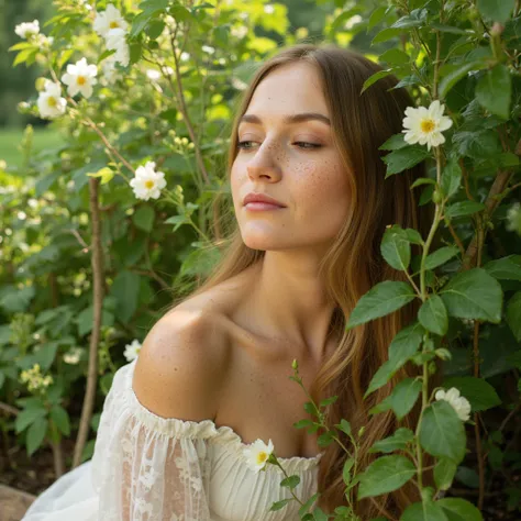 A serene woman with radiant sunny freckles scattered across her porcelain skin sits amidst a lush garden backdrop. Soft sunlight filters through the verdant foliage, casting dappled shadows on her upturned face. She gazes softly into the distance, her gent...