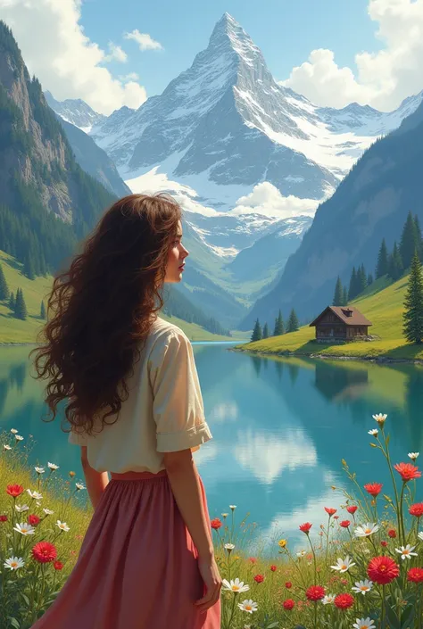 Make a photo. Its just like a drawing paint.. A beautiful girl looking at the mountains in Switzerland. Her hair is brown. She has a curly hair. There is a lake in front of him.. There is snow on the mountain tops.. There is a small house in the distance.....