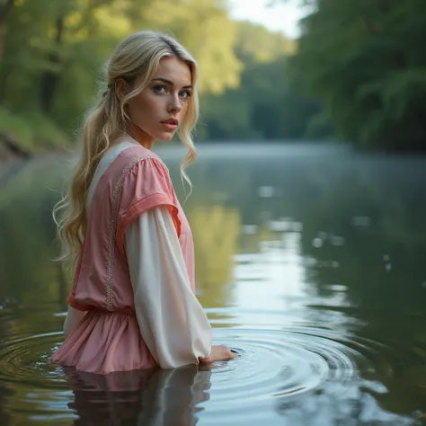 une jeune femme blonde aux yeux bleus qui regarde son reflet dans leau agenouiller au bord dune riviere. Elle porte une robe rose et blanche. Elle est choquée et surprise par son apparence.De Haut En Bas, 