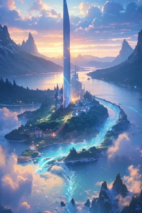 (magical pretty ヌル blue stream overlay scene), ( floating island), (cloud),   soft writing , Clean Background, Beautiful Nuru scenery, masterpiece,   High Quality ,   beautiful graphics,   high detail,by Thomas Kinkade,   Art Station  ,  Sharp Focus , Insp...