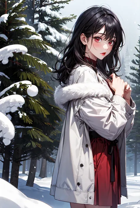  beautiful girl,Winter Scenery,Powder Snow, bob hair,Stylish, Christmas tree,輝く瞳, red eyes, black hair, red lips,