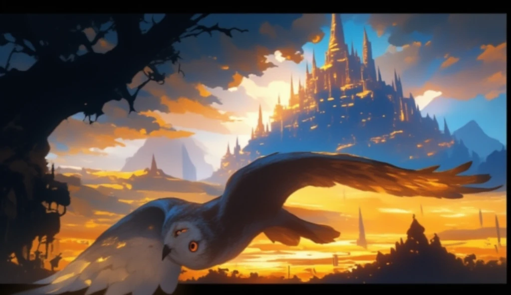 a majestic owl, beautiful detailed eyes, beautiful detailed beak, extremely detailed feathers, soaring gracefully, flying towards an ornate ancient palace, intricate architectural details, grand towering spires, glowing warm lighting, dramatic lighting, ci...