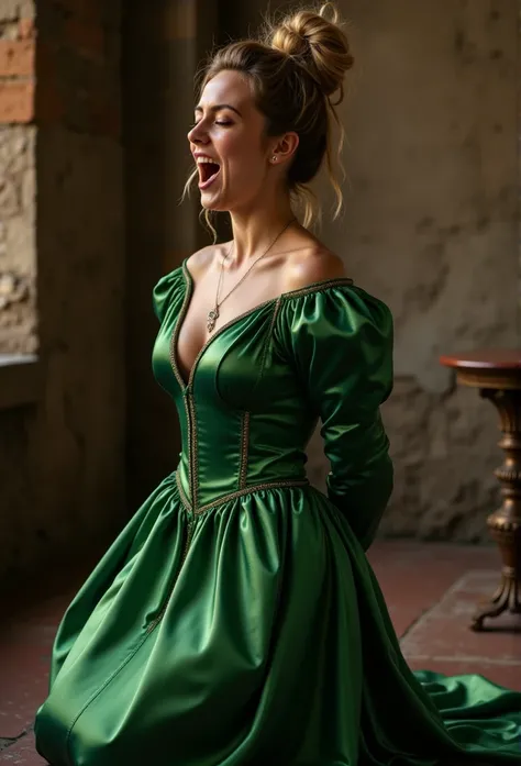 (realistic photograph close up victorian) (sideways birds eye view), (a big bust slender waist pleased beautiful orgasm looking kneeling hot lady with (messy hair bun)), (she is wearing (an exaggerated elaborate shiny green silk high closed round neck dres...