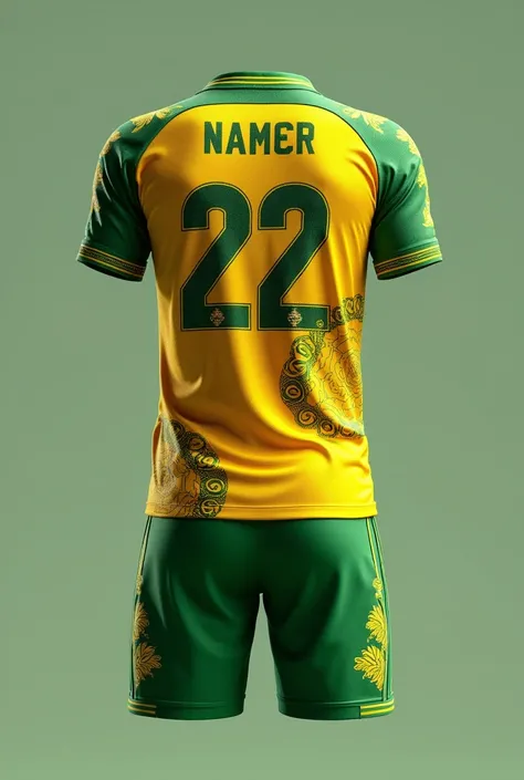 Can you make a soccer jersey and short with the first color is yellow and second color is green, add some songket motive for detail, and put number 22 on the back of jersey