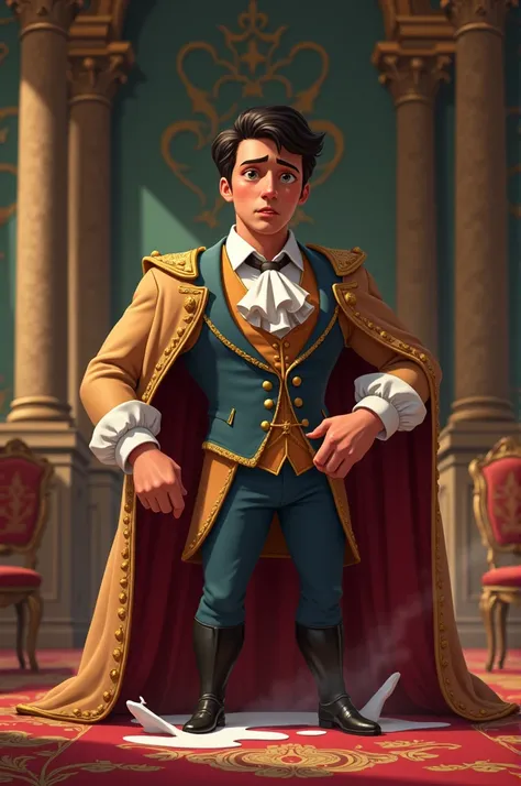 Rich young man in a castle defecating and cleaning himself with clothes, ANIMATED CHARACTER