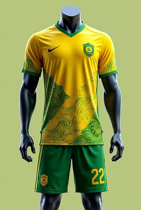 Can you make a soccer jersey and short with the first color is yellow and second color is green, add some songket motive for detail, complete with front and back view, and put number 22 on the back of jersey