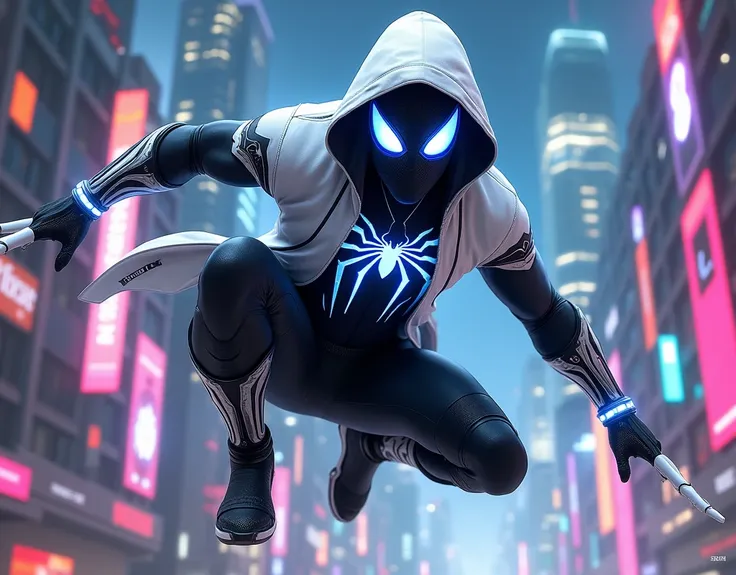 Spider-Man in a cutting-edge Anti-Venom-inspired suit, featuring a sleek white design with bold black symbiotic veins, glowing blue tech accents, and advanced Iron Spider-style mechanical arms extending from his back. The suit is enhanced with nanotech web...