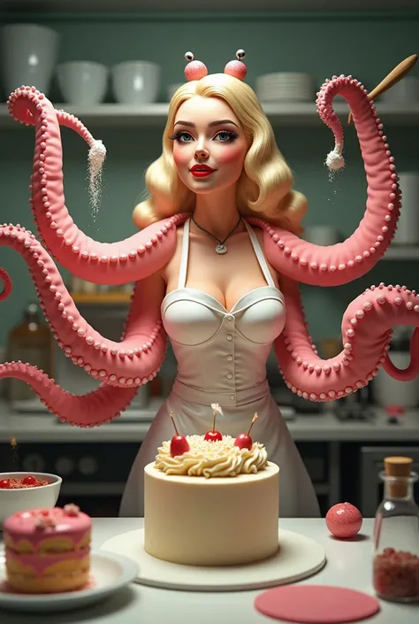  A pastry with extra arms but octopus arms blond woman with pin-up style, striking makeup,  including vibrant red lipstick and eyeliner .  She is in a professional kitchen surrounded by confectionery utensils,  dough bowls and candies .  Her tentacles act ...