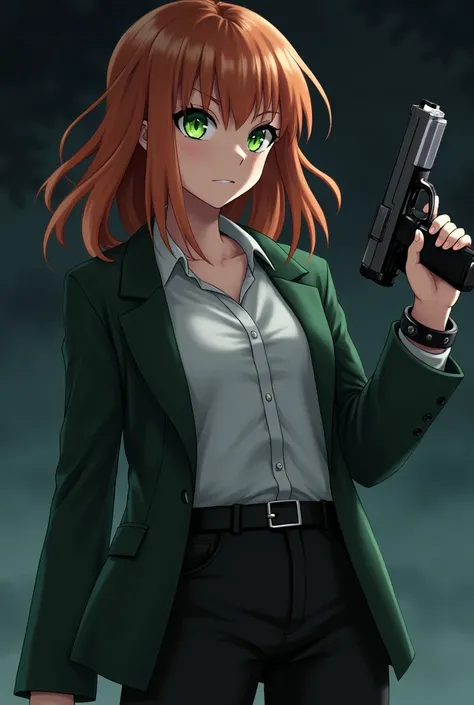 Yuzu aihara from anime citrus,green eyes,badass,cool,chestnuts hair colour,hold gun

