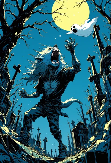    barking werewolf style cartoon  , pop horror art ,Chill Hop,   album art,  art depicting pop horror  , psychedelic hip hop  album art,  promotional art  ,  Cemetery, floating distorted ghost  ,Full Moon Night , funny,cute,  very detailed , 