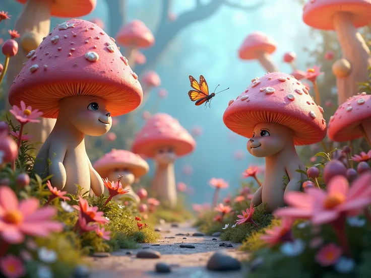 3d fantasy world with alot of giant mushroom and flowers talking,  butterfly