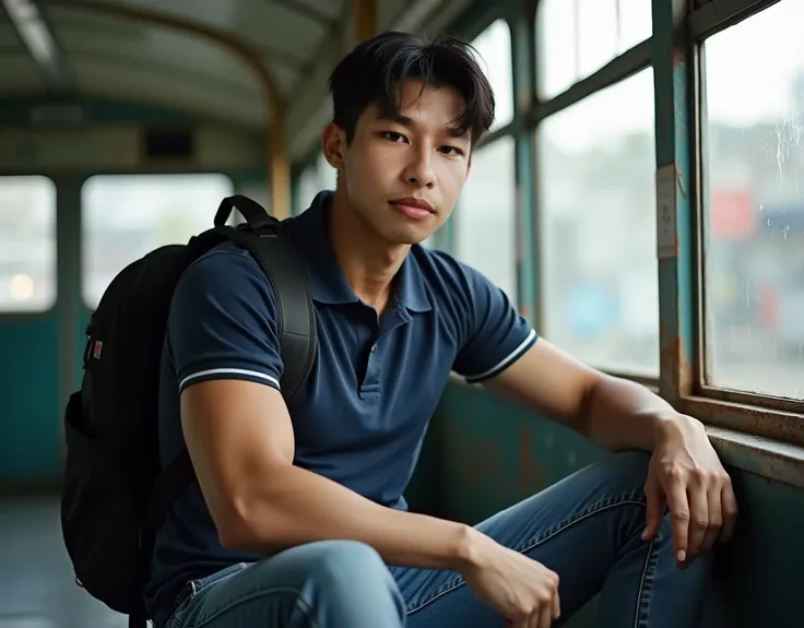 ((realistic daylight)) , Young Korean man in a navy polo shirt and jeans, A handsome,, (((Big arm muscles, tight breasts , Muscle Bundle, ))), muscular young Asian man looks at the camera. ภายในรถประจำทางเก่าๆ สะพายเป้สีดำ มองไปที่หน้าต่าง