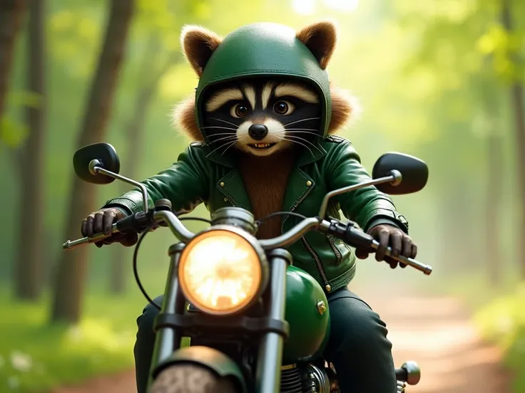 A raccoon in a green leather jacket and helmet rides a motorcycle through the spring forest, Safety glasses,  clenched teeth, Strictness, sparkling eyes, 3D-render