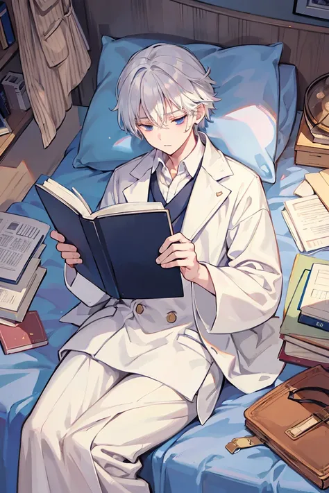 A white-haired wizard man majoring in medicine is sleeping in bed tired from studying