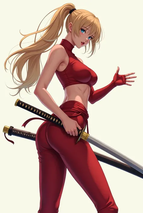  beautiful feet、 top quality、 odd-eye、Beautiful girl holding a Japanese sword、 abs、red kenpo suit 、 blonde ponytail、anime