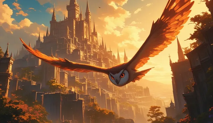 a majestic owl, beautiful detailed eyes, beautiful detailed beak, extremely detailed feathers, soaring gracefully, flying towards an ornate ancient palace, intricate architectural details, grand towering spires, glowing warm lighting, dramatic lighting, ci...