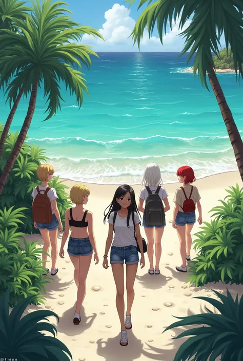 Blonde hair, brown hair, black hair, white hair and red hair, five college student girl and a Deserted Island