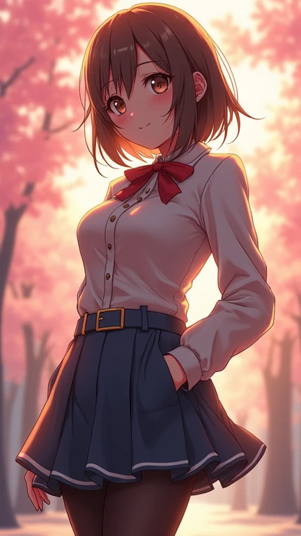  beautiful anime artwork、 Big Breasts 、Brown Hair、 cute anime girl silhouette、 high school girl、Boozer and miniskirt、 black pantyhose、School、Brilliant strong brilliance、Bloom、2.5D、Artistic、 face forward