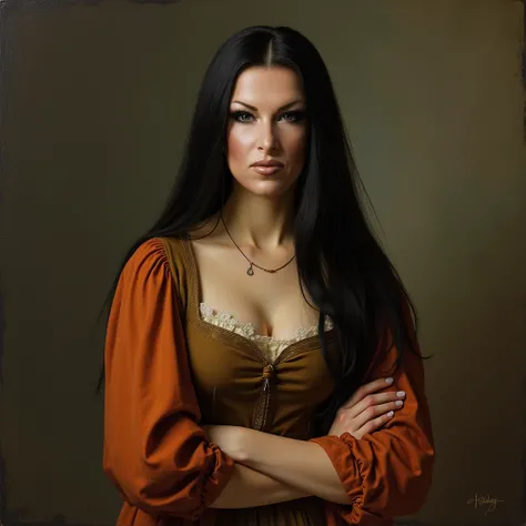 Woman with long full black hair and middle parting , Size: 165cm, Weight: 58kg,  her face is a bit plump, she doesn&#39;t smile, She painted as a picture by Rembrandt, she is wearing a colored blouse