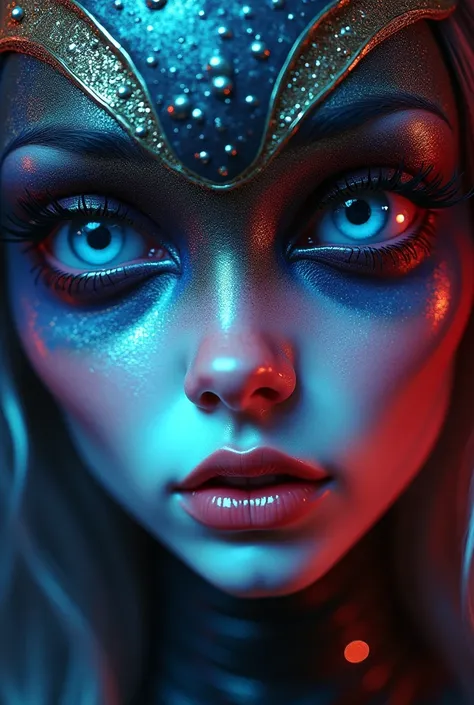 magnifique et sensuel visage féminin, sublime ALIEN extre-terrestre, dun autre UNIVERS ,  , avec de magnifiques et très grands  yeux arc-en-ciel de toutes les couleurs, et une bouche arc-en-ciel  de toutes les couleurs, des lèvres arc-en-ciel de multiples ...