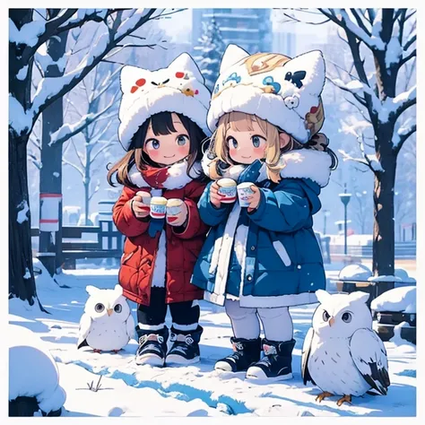 masterpiece、A snowy town 、Two girls personify baby owls 、  body 、Chibi、    catches an owls ears and tail 、snowball fight  ,  happy expression