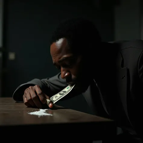 Image of Don Cheadle snorting cocaine through a straw rolled up with dollars, cocaine on the table is spread out in a small white streak