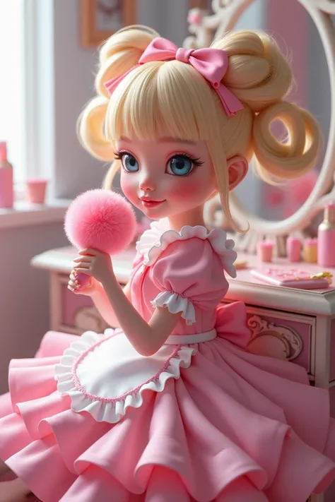 cute cosplay, cute Asain male in a pink sissy maid dress with short puffy sleeves and extra fluffy petticoat bell like skirt with a diaper sticking out with large blonde unreal ringlet pigtails large bow on top, glossy pink lips, long eyelashes, pink eyesh...