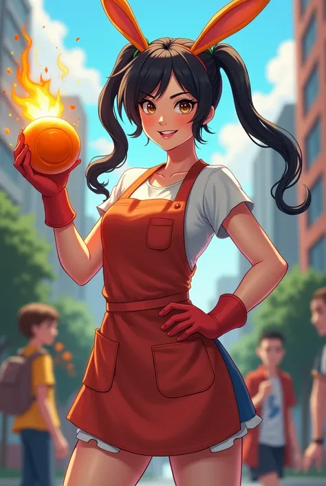 female superhero wearing an apron, , uses a carrot-shaped bomb weapon, has rabbit powers,Her long hair is black and tied in two, her apron has pockets, and teenagers