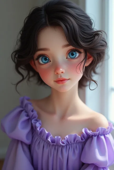 Blue-eyed princess , Dark brown wavy short hair,  white skin and purple dress