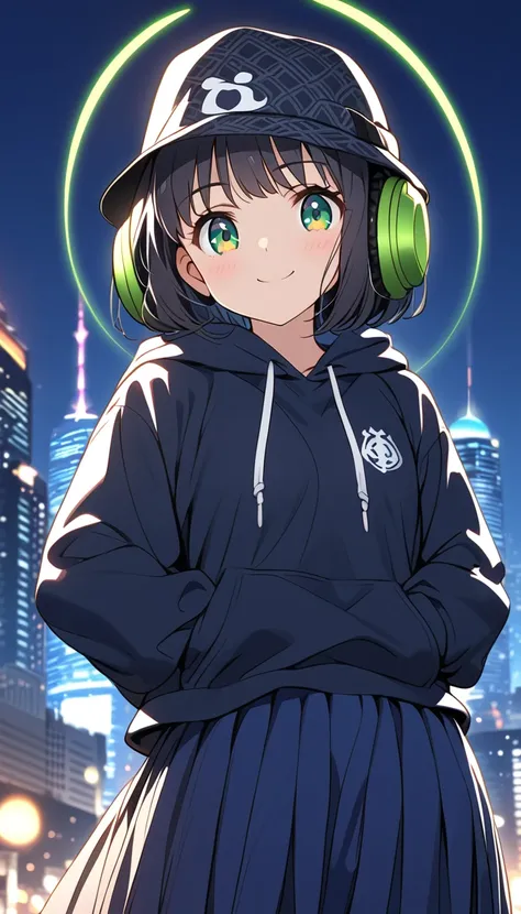 {{{masterpiece}}}, {{{ top quality}}}, {{ ultra detail }}, { beautiful,  Details Eyes },  1 girl, Alone, (( black hair)),  bob cut, (( green eyes)), (Hairy hair ), (pattsun maegami), Black headphones, , (かわいい黒の柄物 hoodie), cute black patterned hat,( cute bl...