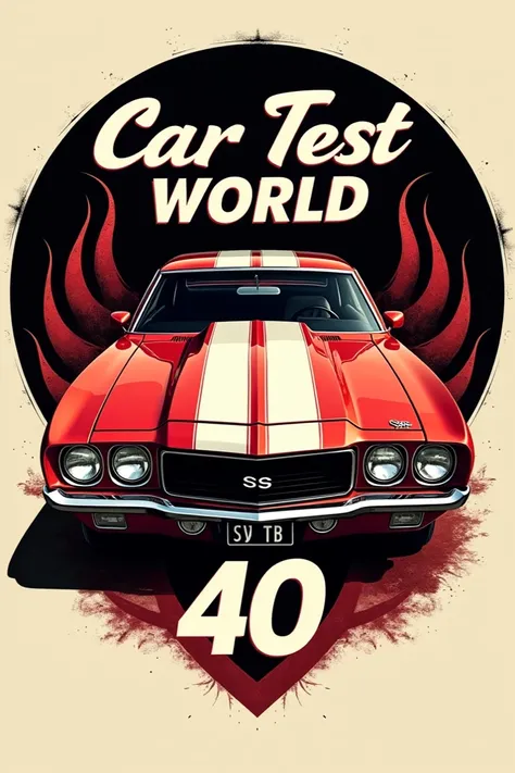 "Create a retro car illustration inspired by 1970s classic muscle cars, featuring a red sports car with bold white stripes. The car should have a sleek, aggressive design, round headlights, and chrome details. Place the car against a black circular backgro...