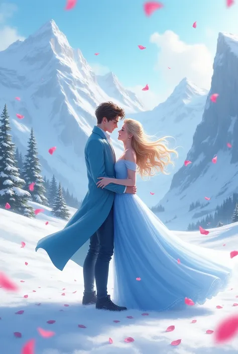 couple in snow mountains with rosee falling from sky . boy in sky blue coat pent and girl in Ice blue gown with blond hairs