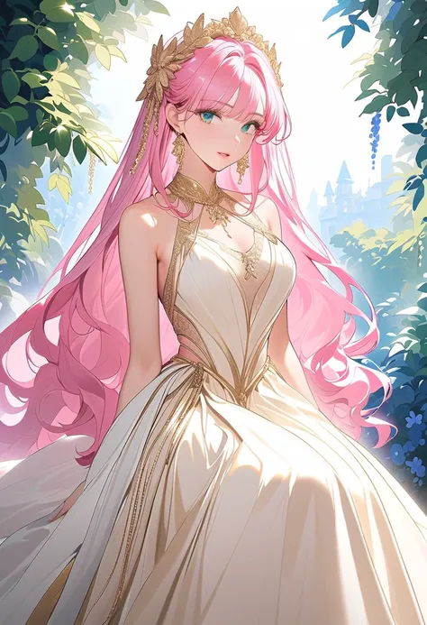 This character is a woman with a magical aura, mature and beautiful, seductive lips. She has long, shiny, bright pink hair and a butterfly-shaped glass clip accessory on her head. His sharp green eyes shine, he has a slim body,(1. **Dominant Color**: This ...