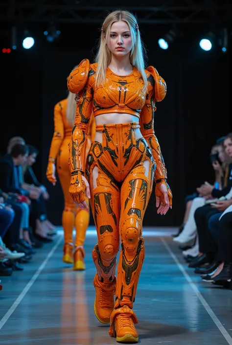 35mm film photography, full body portrait, A young female cyborg with pale skin, blonde hair, and glowing orange and gold mechanical armor covering her body. The background is dark with futuristic technology and lights, high detail,cloth walking down the r...