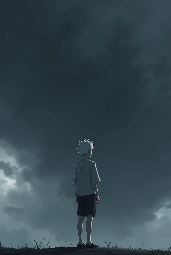 a boy in his 20s with white skin hair and clothes is standing looking at the dark gray sky at his full height in anime style with his back 