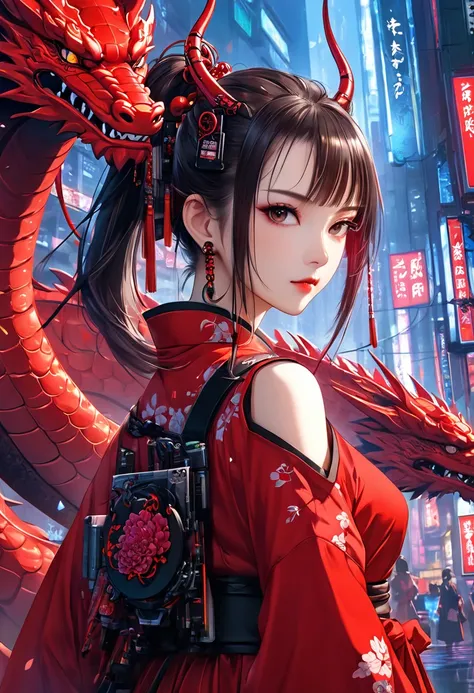 a close up of a woman in a red dress with a dragon on her shoulder,  anime cyberpunk  art,  cyberpunk anime art ,  Digital Cyberpunk - Anime Art, digital  cyberpunk anime art , Cyberpunk Geisha, very beautiful cyberpunk samurai ,  cyberpunk anime girl , fe...