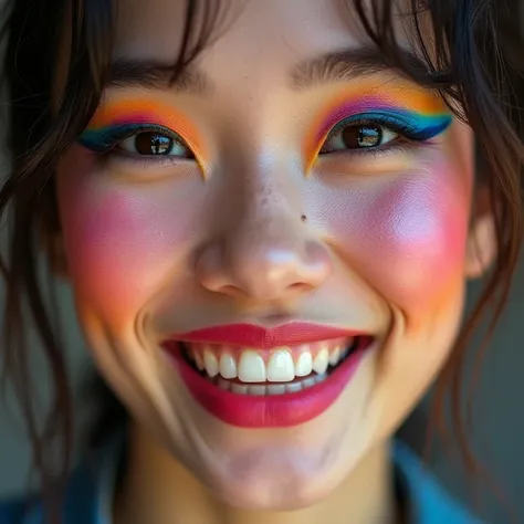 close up image of asian woman smiling a very bright smile, wearing eccentric brightly coloured makeup and eyeliner. Very close up of the face 