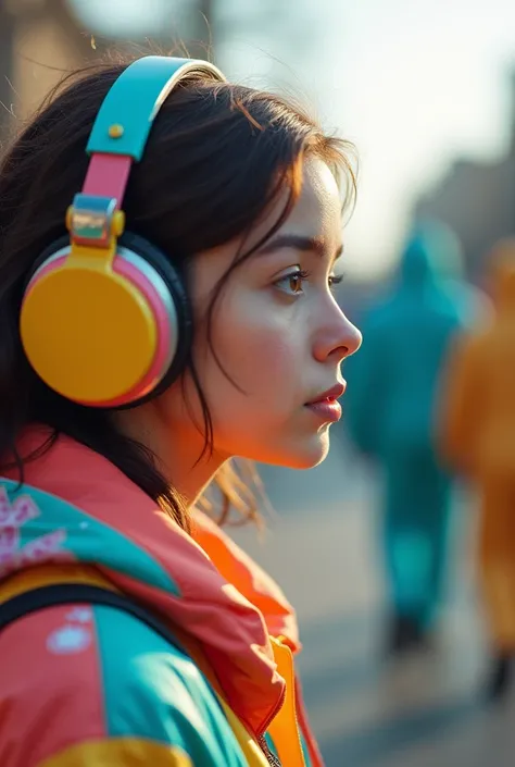  A portrait in the foreground of a girl in colorful clothes , large headphones , With the sign of silence,  while in the background you can see people walking to the right,  dressed in opaque colors , with time effect 