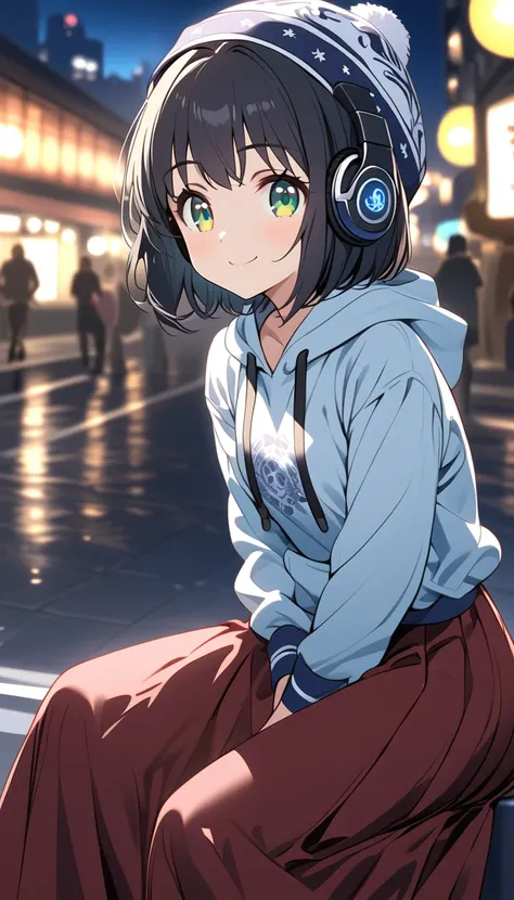 {{{masterpiece}}}, {{{ top quality}}}, {{ ultra detail }}, { beautiful,  Details Eyes },  1 girl, Alone, (( black hair)),  bob cut, (( green eyes)), (Hairy hair ), (pattsun maegami), Black headphones, , (かわいい黒の柄物 hoodie), cute black patterned hat,( cute bl...