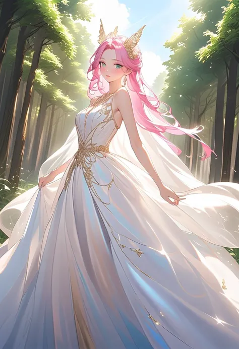 This character is a woman with a magical aura, mature and beautiful, seductive lips. She has long, shiny, bright pink hair and a butterfly-shaped glass clip accessory on her head. His sharp green eyes shine, he has a slim body,(1. **Dominant Color**: This ...