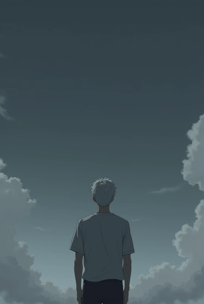 a boy in his 30s with white skin hair and clothes is standing looking at the dark gray sky at his full height in an anime style with his back on a square image
