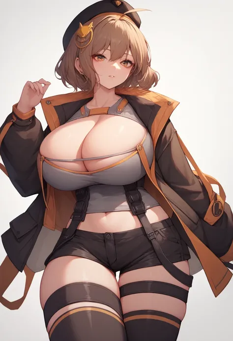 score_9, score_8_up, score_7_up, source_anime BREAK 1girl, solo, anisdef, ahoge, short hair, brown hair, hair ornament, beret, black jacket, open clothes, cleavage, grey shirt, midriff, black shorts, black thighhighs, thigh strap, huge breasts