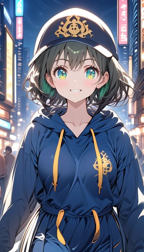 {{{masterpiece}}}, {{{ top quality}}}, {{ ultra detail }}, { beautiful,  Details Eyes },  1 girl, Alone, (( black hair)),  bob cut, (( green eyes)), (Hairy hair ), (pattsun maegami), Black headphones, , (かわいい黒の柄物 hoodie), cute black patterned hat,( cute bl...