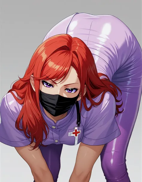 1girl, long hair,red hair,2D, cell shading, anime style, video game art, sharp lines, vibrant colors, retro style,RUKIA Style,shiny skin, medical face mask, purple nurse clothes, tight clothes,looking back,muture woman, face close up,half closes eyes, look...